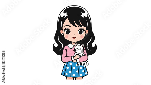 Adorable girl lovingly cuddling her cute white kitten, a heartwarming friendship beautifully illustrated for children's books and designs