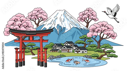 Stunning Japanese landscape with Mount Fuji, cherry blossoms, serene lake, and traditional architecture for travel adventure inspiration and peaceful zen vibes