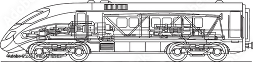 Detailed technical drawing of a modern high-speed train locomotive, showing internal machinery and structural components.