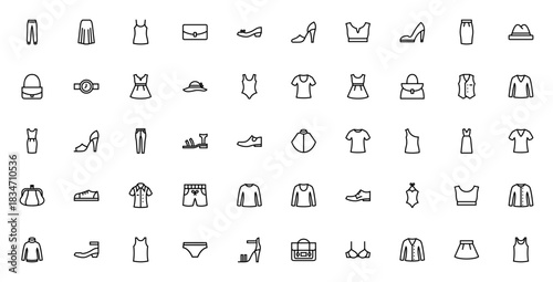 Fashion Elements icon set. Vector clothing collectio. Includes jeans, skirt, dess, bag, shoe, heels, shit, swimsuit, sweater and mre. Editable thin line stye.