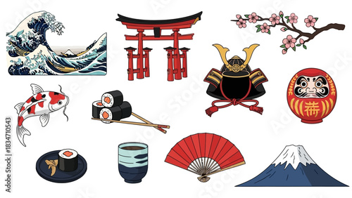 Discover vibrant Japanese culture icons featuring sushi, Mount Fuji, koi fish, and cherry blossoms for travel and cultural projects, a captivating collection
