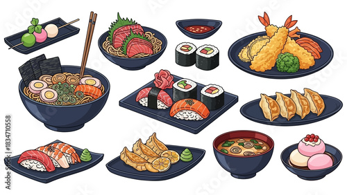 Enjoy delicious Japanese food with sushi, ramen, tempura and gyoza for a tasty culinary experience, perfect for food bloggers and restaurant promotions