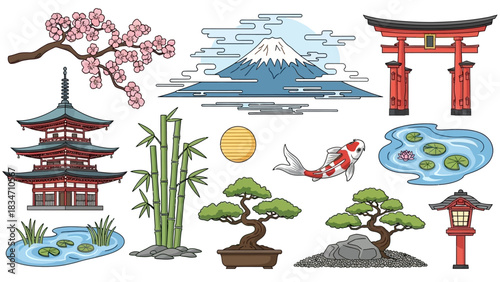 Explore the wonders of Japan with this gorgeous design featuring Mount Fuji, cherry blossoms, koi fish, and traditional architecture for your next project