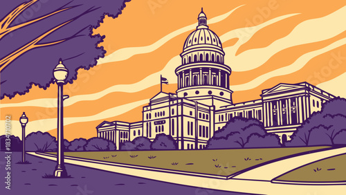 Austin skyline featuring the texas state capitol building, trees, and lightposts, suitable for travel, architecture, cityscape, and texasthemed designs.