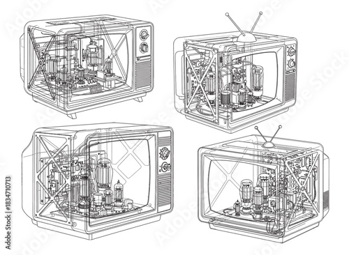 Wireframe blueprints of vintage television sets showing internal vacuum tube components.