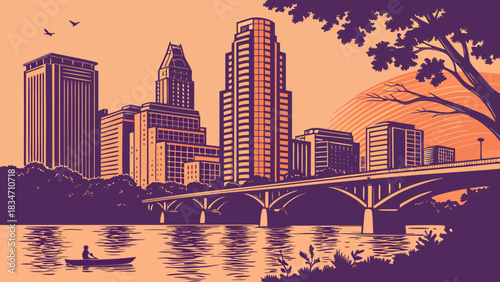Austin skyline sunset cityscape stunning river bridge vibrant colors ideal for travel blogs websites marketing materials brochures postcards.