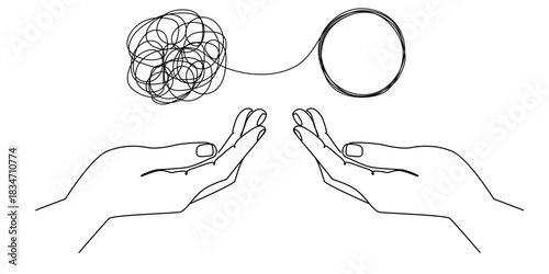 Continuous one line drawing of mental health concept. Unravels bad mental health.Chaotically tangled line and untied knot in form of circle eps 10