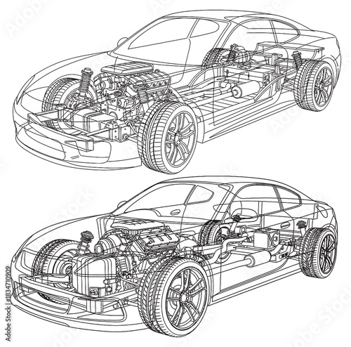 Detailed wireframe diagram of a car's internal components, showcasing engine, chassis, and suspension systems.