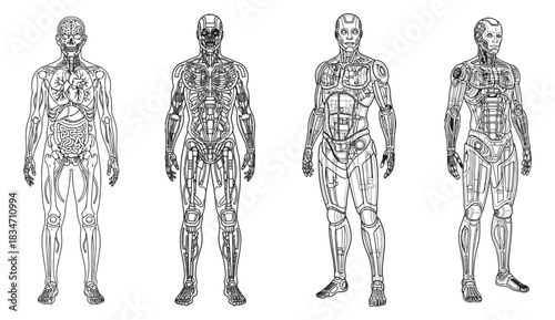 Four detailed line drawings illustrating human-like robot or cyborg internal and external mechanical structures.