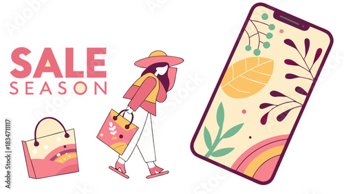 Stylish seasonal sale promotion featuring shopping woman, bags, and floral phone design for advertising, marketing, and retail campaigns. Get yours today!