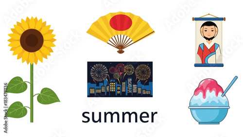 Celebrate vibrant summer with Japanese icons, including sunflower, fan, fireworks over city, festival banner, and shaved ice dessert