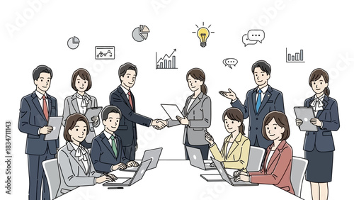 Dynamic business team collaboration with successful handshake and innovative ideas in a modern workspace perfect for corporate branding and teamwork concepts