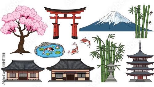Discover the beauty of Japan with this charming collection of iconic elements like Mount Fuji, cherry blossoms, and traditional architecture for travel designs