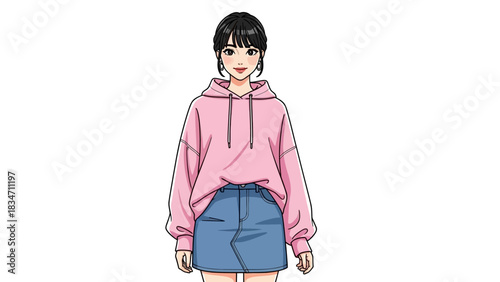 Trendy girl in pink hoodie and denim skirt radiates youthful charm and casual style, perfect for fashion blogs, social media, and branding projects