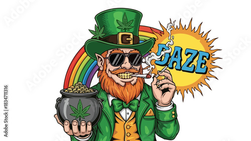 Lucky Leprechaun Smoking Weed with Pot of Gold and Rainbow