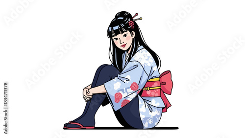 Charming girl in a kimono with a red bow, exuding graceful elegance and serene beauty for cultural celebrations or artistic projects.