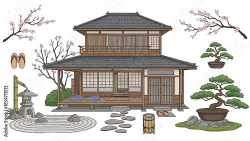Zen Japanese house with bonsai trees and cherry blossoms creates a peaceful atmosphere, perfect for meditation and relaxation in a serene environment