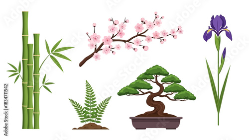 Create a serene oriental garden design with bamboo, cherry blossoms, bonsai, iris, and ferns for a calming and natural aesthetic.