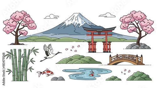 Discover the serenity of Japan with this scene featuring Mount Fuji, cherry blossoms, a red torii gate, koi fish and bamboo in a peaceful setting
