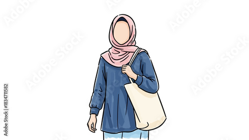 Stylish woman in hijab with tote bag, ready for shopping or school, showcasing modesty and modern fashion with a minimalist aesthetic