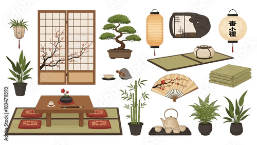 Serene Japanese Interior Design Elements for Peaceful Home Decor and Zen Living Spaces, Featuring Tatami Mats, Bonsai, and Traditional Lanterns