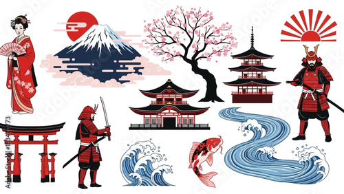 Discover the enchanting beauty of Japan with this vibrant collection of iconic symbols and cultural elements in eye-catching vector art