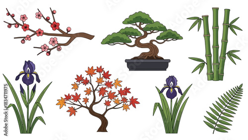 Zen garden elements with bonsai tree, bamboo stalks, iris flowers, and maple leaves to add an oriental touch to your creative projects
