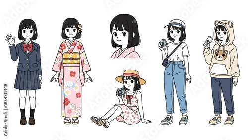 Diverse young woman style guide showcases unique fashion looks like Japanese kimono, school uniform, casual tourist and trendy streetwear outfit ideas