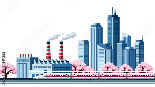 Modern city skyline with cherry blossoms and high speed train, a blend of nature and industry, perfect for showcasing balance and innovation