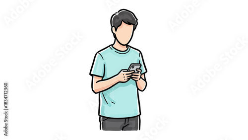Young man texting on his smartphone, stay connected, modern communication, faceless character using mobile phone, youth culture, online communication apps