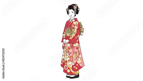 Elegant geisha in traditional kimono, a symbol of Japanese beauty and grace, perfect for cultural projects, travel promotions, and artistic designs
