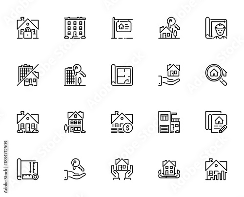 Real Estate icon set. Minimal vector line icons. Incudes house, building, bluerint, mortgage, contract, ey, for sale and more. Ediable stroke.