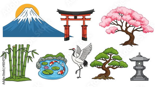 Discover the beauty of Japanese culture with iconic landmarks, flora, and fauna, perfect for travel, design, and educational projects.