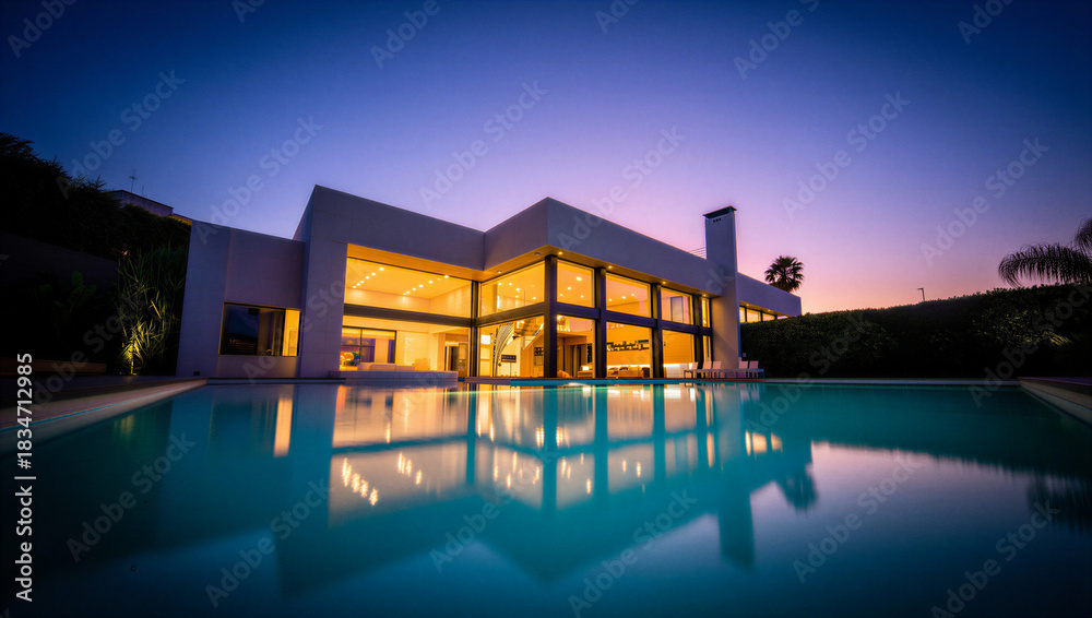 Fototapeta premium Modern Luxury House at Twilight | Illuminated Interior Reflected in Pool | Contemporary Residential Architecture Design