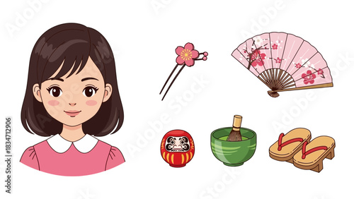 Discover Japanese Culture with a Charming Girl, Hairpin, Fan, Daruma Doll, Matcha Tea, and Clogs, a Celebration of Tradition and Beauty