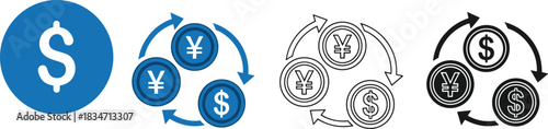 Currency Exchange and Foreign Transaction Icons: Dollar and Yen Trading, Forex Market, Global Finance, and Payment Loop