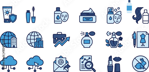 Beauty, Cosmetics, and Global Business Icon Set, Digital Marketing, Skincare, Fragrance, Fashion, Cruelty-Free, Vector