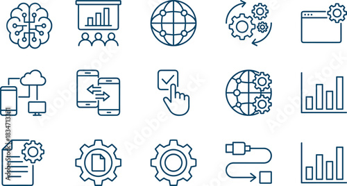 Artificial Intelligence, Data Technology, and Business Icons Set, Global Network, Development, Presentation, Analytics, Outline Vector