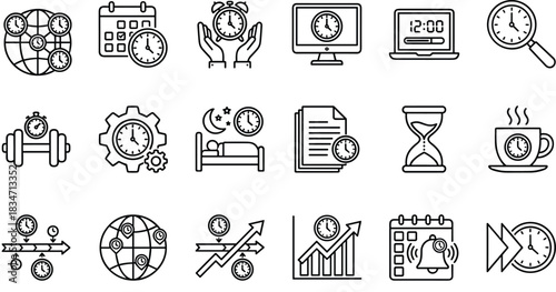 Time management icons set, global business schedule, deadline, productivity, clock, alarm, calendar, sleep, workout, planning, analysis, fast forward, flat linear illustration.