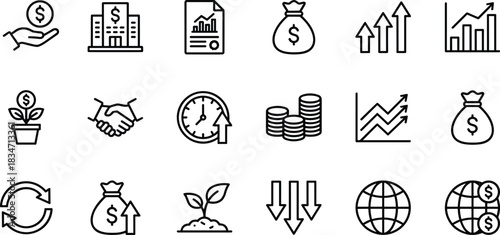 Business and finance icon set, investment growth, money management, stock market analysis, financial success, global economy, handshake, flat linear vector illustration.