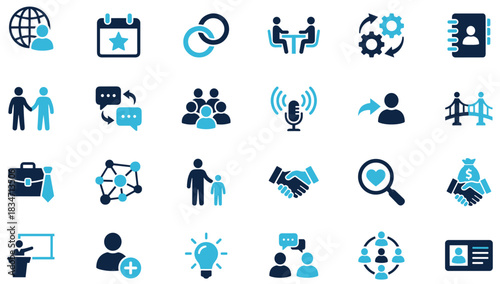 Business networking and relationship icons set, meeting, social media, collaboration, contact management, global communication, agreement, flat vector illustration.