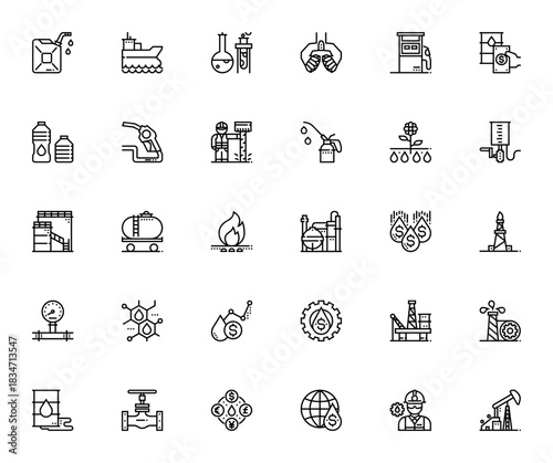 Oil industry icon set. Vector illustration. Includessymbols for oil, gasoline,refinery, oil rig, gas staion, pump jack, extraction tanker, and more.