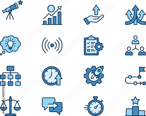 Business strategy and goal setting icons, financial growth, execution, time management, startup, planning, communication, success path, flat vector illustration.