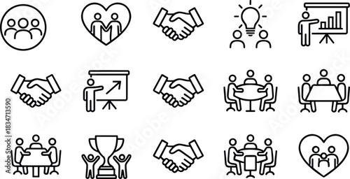 Business Teamwork Collaboration Icons, Partnership, Meeting, Handshake, Presentation, Success, Agreement, Corporate Strategy, Outline Vector Set, Modern Design