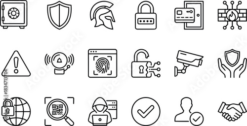 Cyber Security and Protection Icon Set, Data Safety, Access Control, Biometrics, Hacker, Defense, Outline Vector