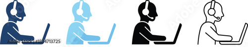 Customer support agent icon set, call center operator with headset working on laptop, technical assistance, online helpdesk, telemarketing specialist, flat vector illustration.