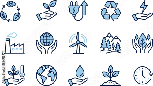 Ecology and Environment Icon Set, Renewable Energy, Green Technology, Recycling, Climate Change, Earth Protection, Vector