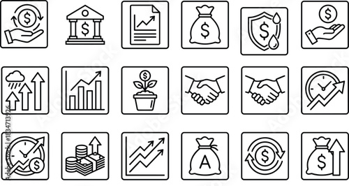 Financial investment line icons set, money security, business growth, banking, analysis report, profit, asset management, economic success, flat linear vector illustration.