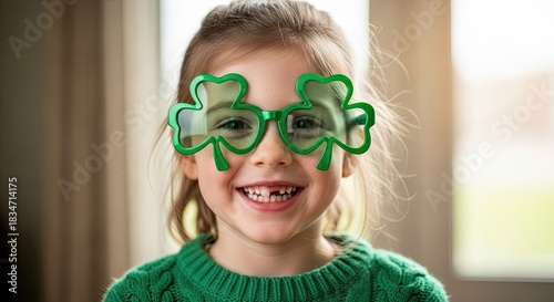 Happy child with shamrock glasses. St. Patrick's Day festive celebration portrait