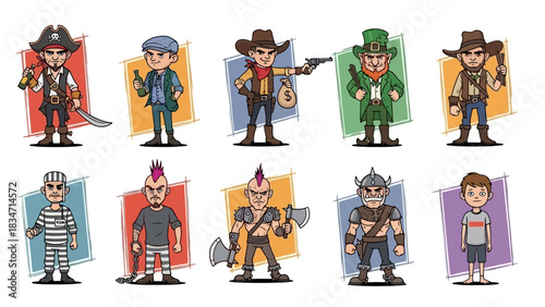 Cartoon Characters Collection Diverse Set of Illustrations, Including a Pirate, Cowboy, and More